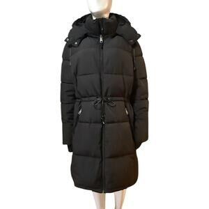 DKNY Black Puffer Coat Women’s XL Hooded Long Winter Jacket Drawstring Waist